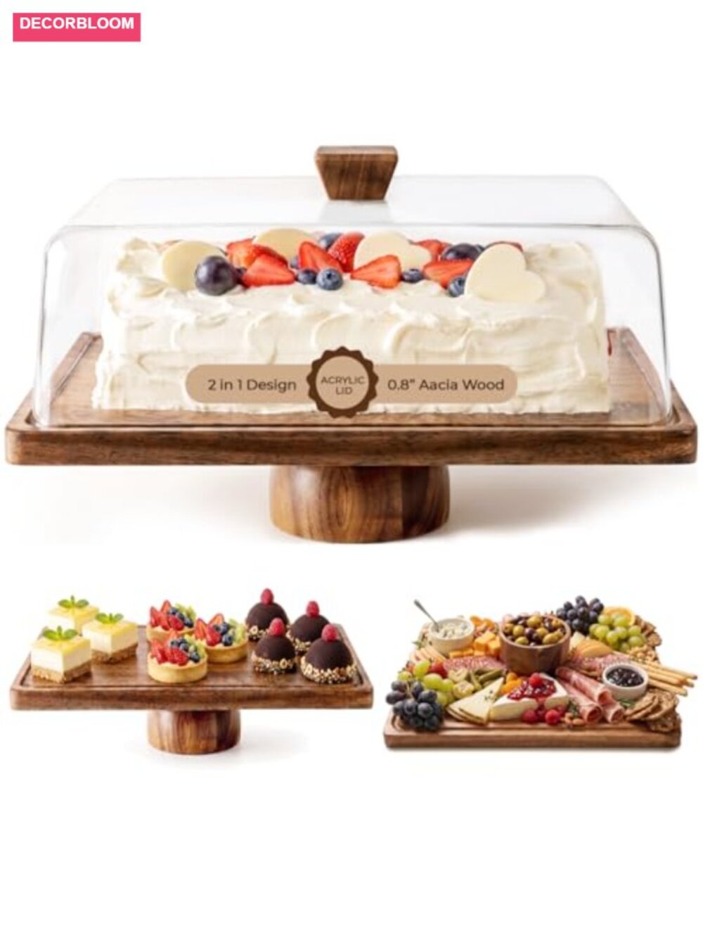 Acacia Wood Cake Stand with Lid 2-in-1 Charcuterie Board Serving Tray